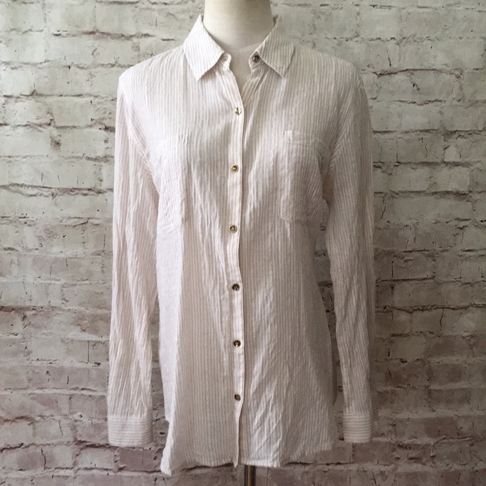 Chicos Beige Metallic Sheer Striped Blouse Button Up Roll Tab Sleeve